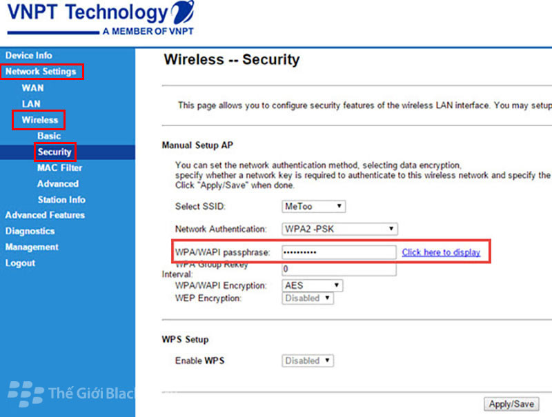 Cách thay đổi mật khẩu wifi vnpt chọn vào Security