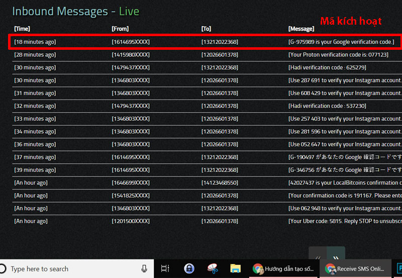 Mã kích hoạt được hiển thị ở Inbound Messages - Live