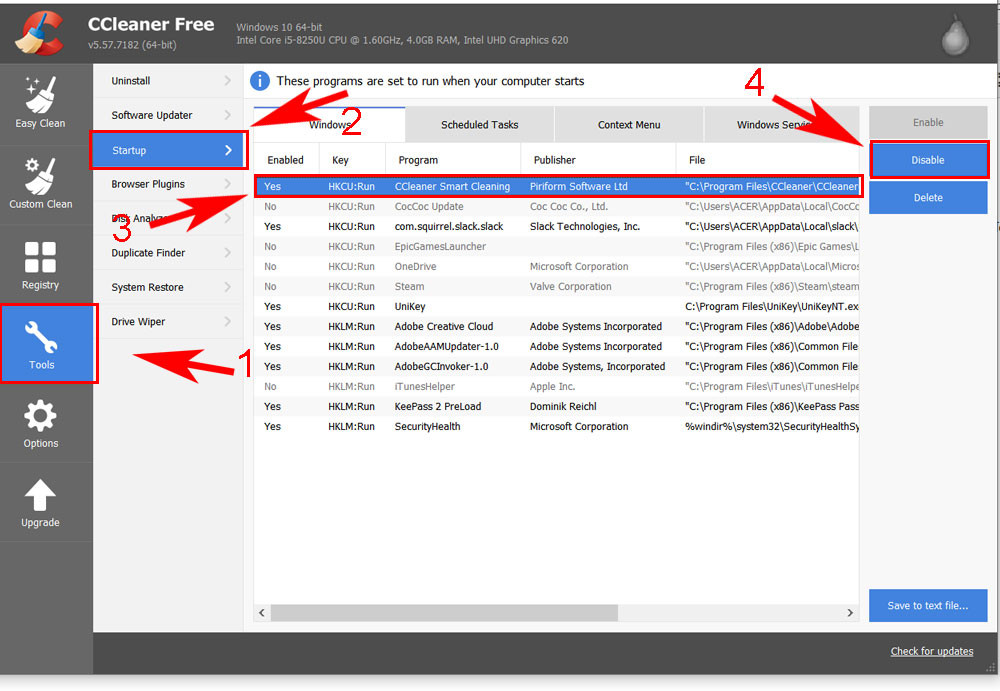 tắt chương trình khởi đông cùng win 10 bằng ccleaner