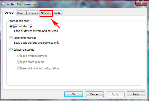 Để tắt chương trình khởi đông cùng win 7 bạn chọn vòa starup