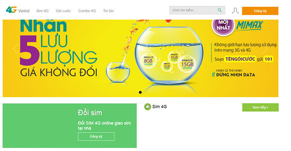 Đổi sim trên trang chủ của viettel