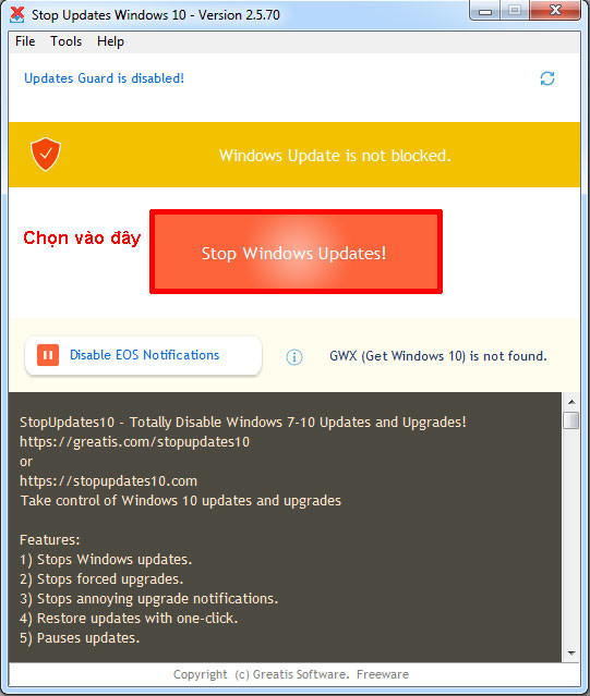 Ứng dụng tắt update win 10 được bật