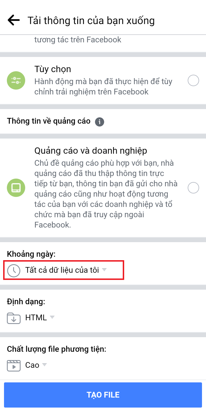 Tất cả dữ liệu của tôi và chọn khoảng ngày mà bạn muốn tìm lại tin nhắn trên Messenger.