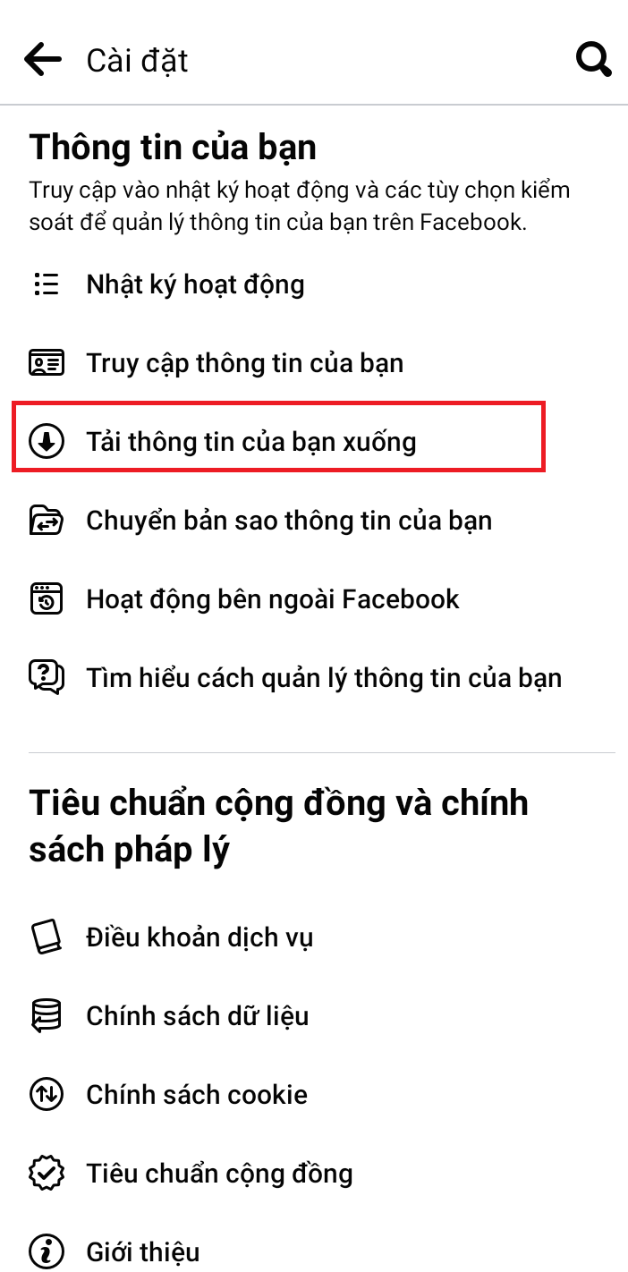 Tải thông tin của bạn xuống