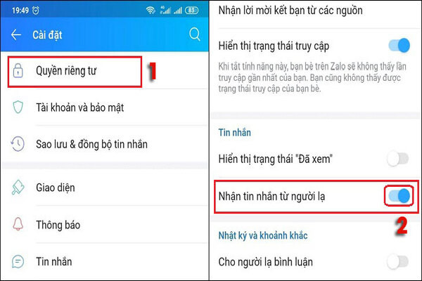 Bật tính năng nhận tin từ người lạ