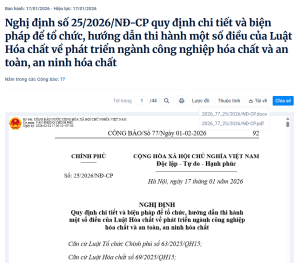 NGHỊ ĐỊNH SỐ 25/2026/NĐ-CP: HƯỚNG DẪN LUẬT HÓA CHẤT MỚI NHẤT