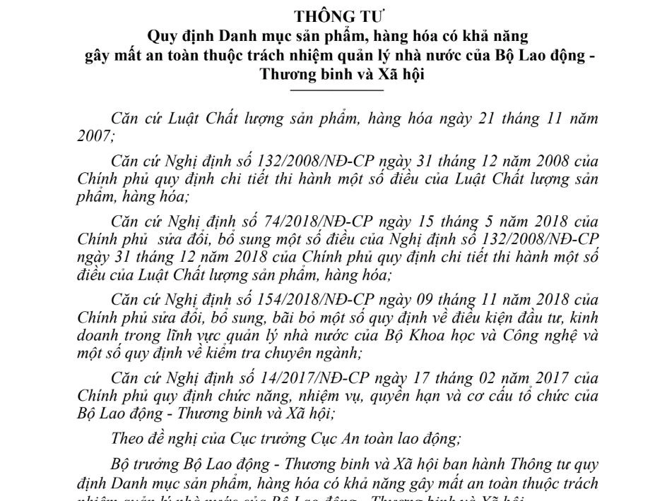 Thông tư 01/2021/TT-BLĐTBXH Quy định Danh mục sản phẩm, hàng hóa có khả năng gây mất an toàn thuộc trách nhiệm quản lý nhà nước của Bộ LĐTBXH