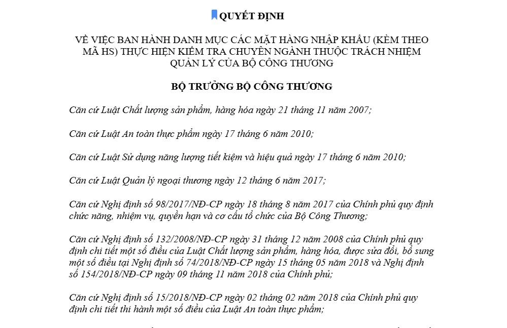 Quyết định 1182/QĐ-BCT 2021 Danh mục các mặt hàng nhập khẩu (kèm theo mã HS) thực hiện kiểm tra chuyên ngành thuộc trách nhiệm quản lý của Bộ Công Thương
