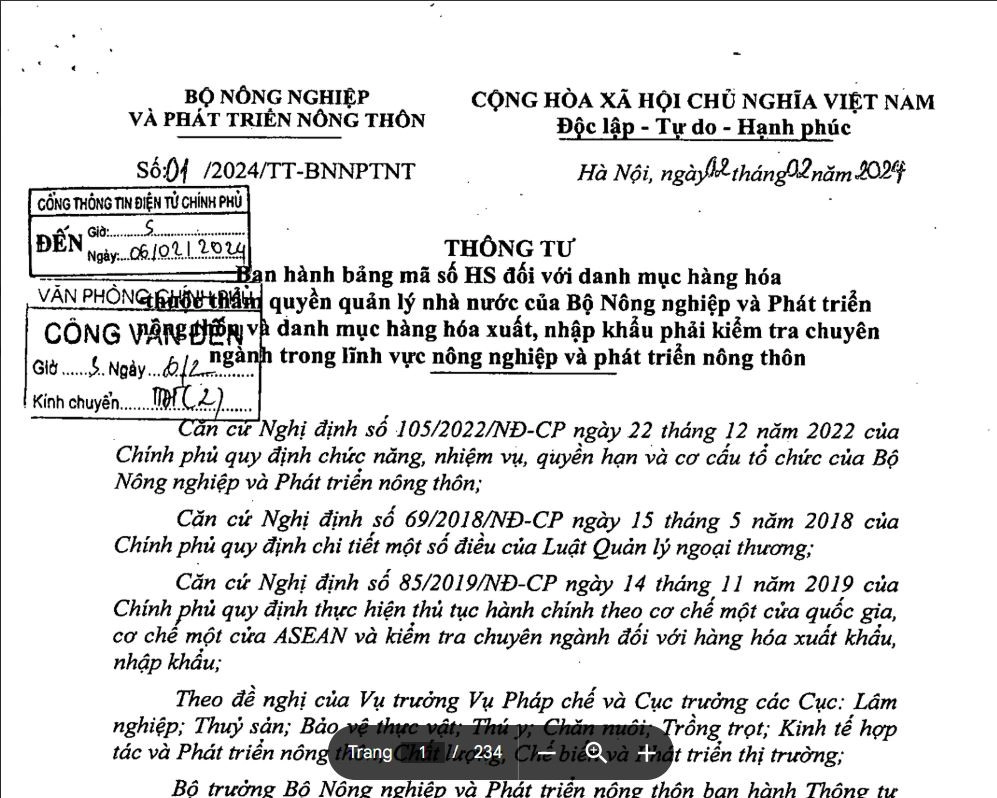 Thông tư 01/2024/TT-BNNPTNT Ban hành bảng mã HS và danh mục hàng hóa nông nghiệp phải kiểm tra chuyên ngành