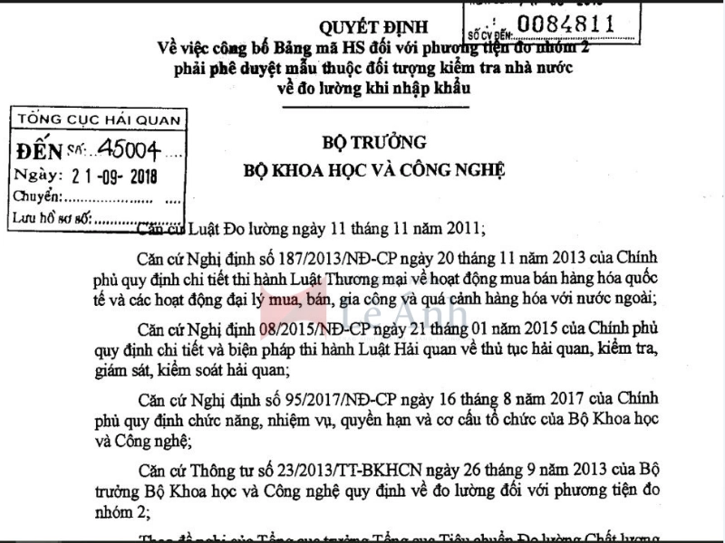 Quyết định 2284/QĐ-BKHCN Công bố Bảng mã HS đối với phương tiện đo nhóm 2 phải phê duyệt mẫu thuộc đối tượng kiểm tra nhà nước về đo lường khi nhập khẩu