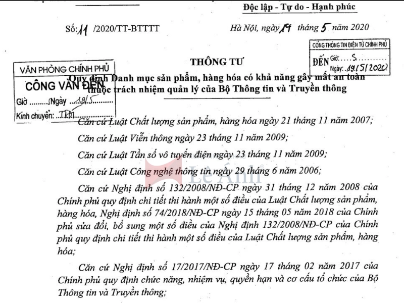 Thông tư số 11/2020/TT-BTTTT Quy định Danh mục sản phẩm, hàng hóa có khả năng gây mất an toàn thuộc trách nhiệm quản lý của Bộ Thông tin và Truyền thông