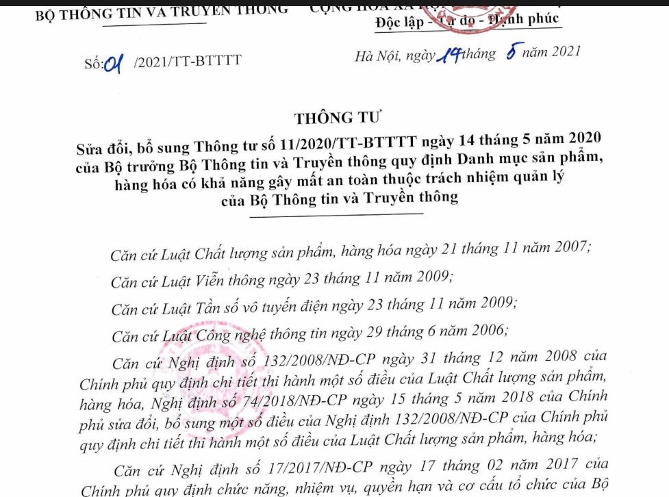 Thông tư 01/2021/TT-BTTTT Sửa đổi, bổ sung Thông tư số 11/2020/TT-BTTTT Danh mục sản phẩm, hàng hóa có khả năng gây mất an toàn thuộc trách nhiệm quản lý của Bộ Thông tin và Truyền thông
