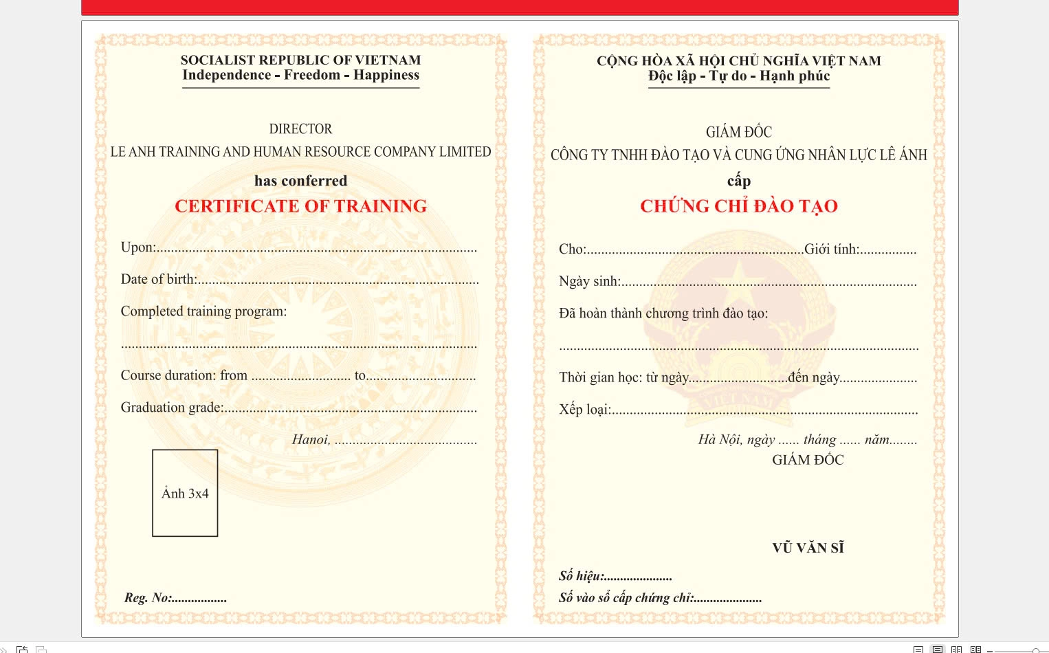 Mẫu chứng chỉ hoàn thành khóa học xuất nhập khẩu do Xuất nhập khẩu Lê Ánh cấp