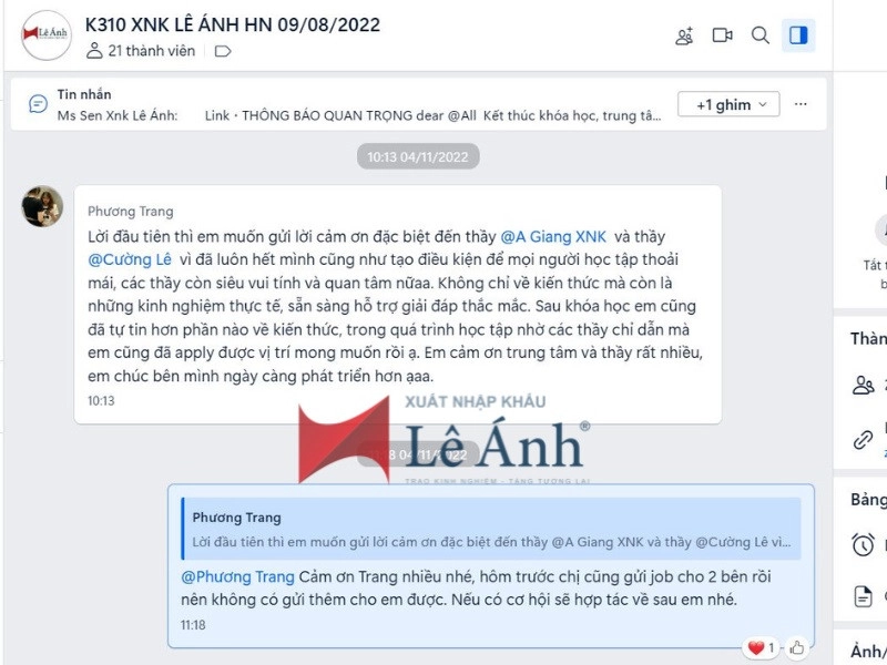 Phản hồi học viên sau khi tốt nghiệp khóa học XNK thực tế tại Hà Nội