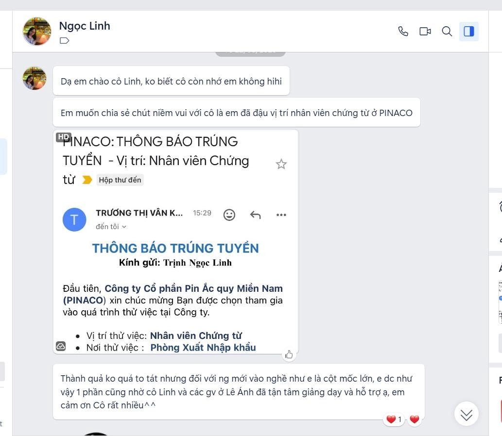 học viên trúng tuyển vị trí nhân viên chứng từ xuất nhập khẩu