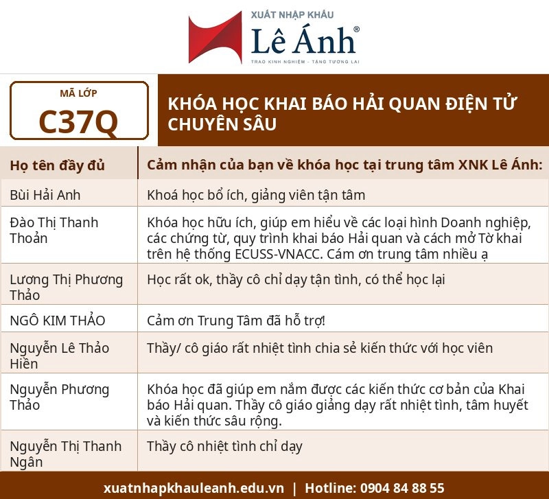 Phản hồi khóa học khai báo hải quan