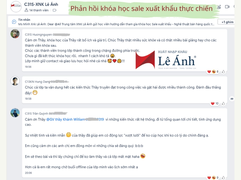 Phản hổi khóa học sale xuất khẩu tại hồ chí mình của XNK Lê Ánh