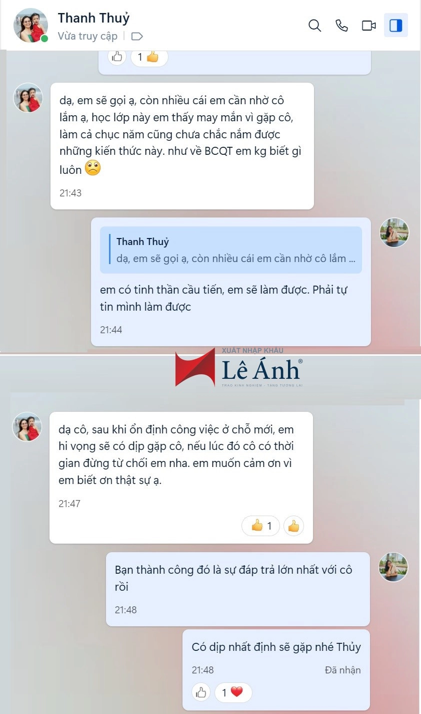 Phản hồi khóa học báo cáo quyết toán hải quan tại XNK Lê Ánh