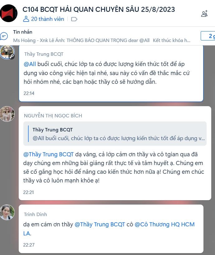 Phản hồi khóa học báo cáo quyết toán hải quan tại XNK Lê Ánh