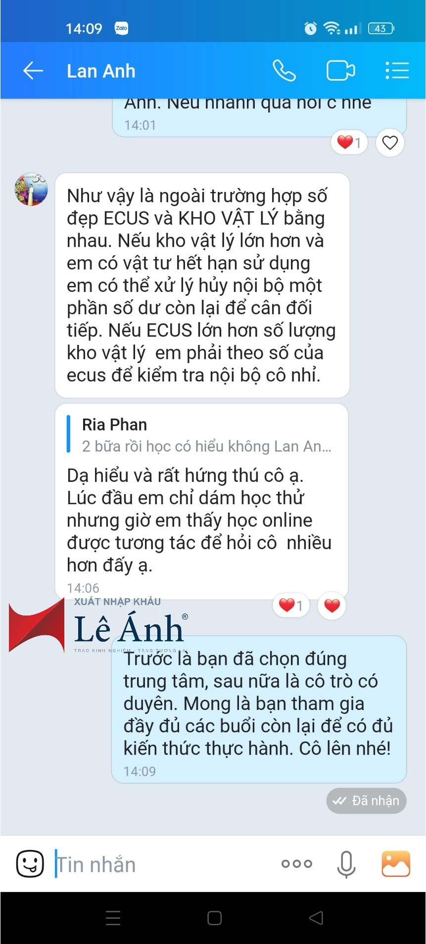 Phản hồi khóa học báo cáo quyết toán hải quan tại XNK Lê Ánh