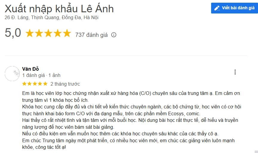 Phản hồi khóa học chứng nhận xuất xứ hàng hóa C/O tại XNK Lê Ánh