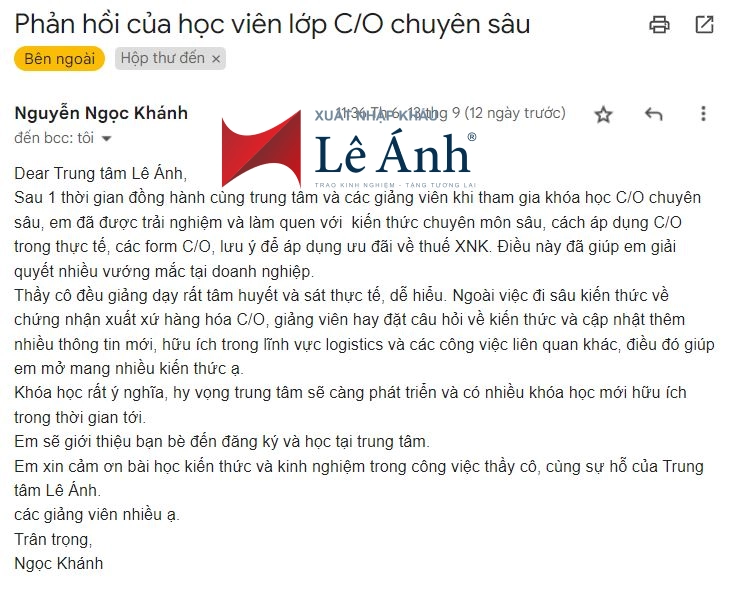 Phản hồi khóa học chứng nhận xuất xứ hàng hóa C/O tại XNK Lê Ánh