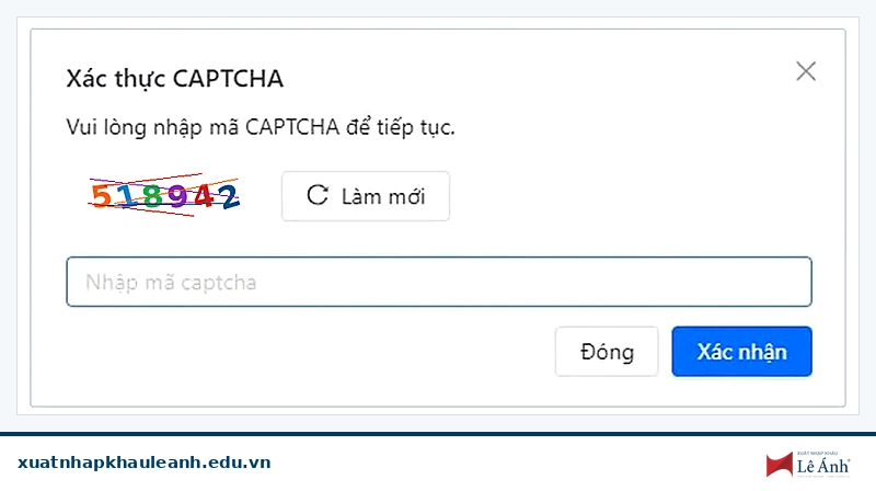 nhập mã CAPTCHA xác thực tài khoản khai báo hải quan