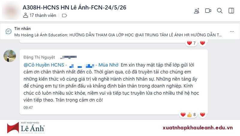 Phản hồi của học viên lớp hành chính nhân sự gửi giảng viên