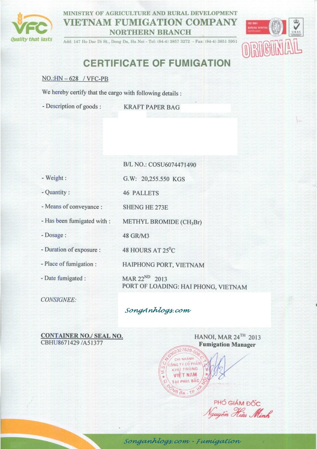 giấy chứng nhận hun trùng