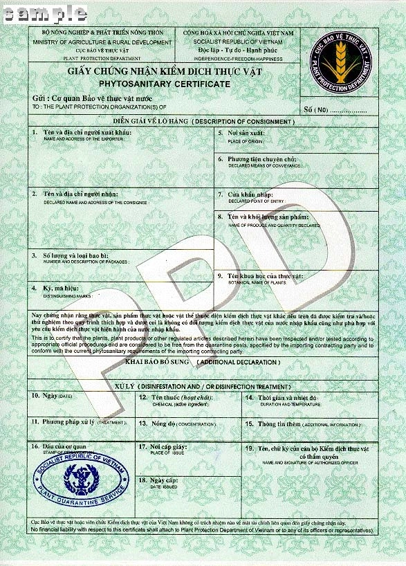 giấy chứng nhận kiểm dịch thực vật