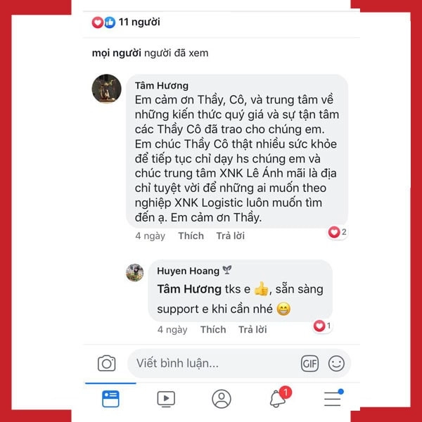 phản hồi học viên sau khoá học xuất nhập khẩu tại xnk Lê Ánh