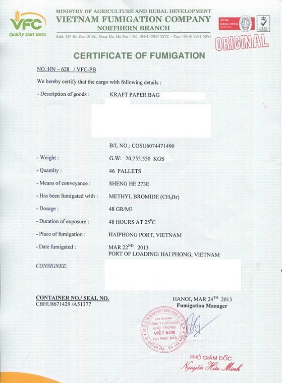 giấy chứng nhận hun trùng