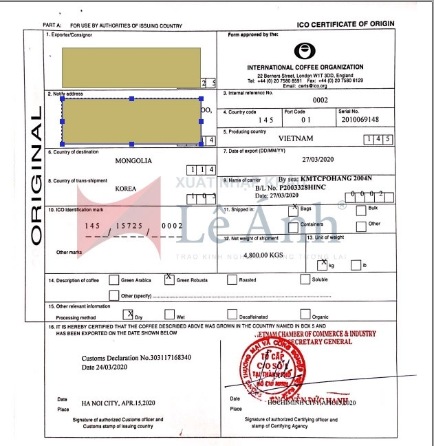 C/O form ICO cà phê