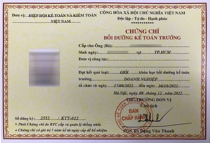 Mẫu chứng chỉ kế toán trưởng Bộ tài chính