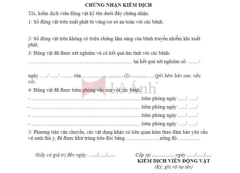 Mẫu đăng ký kiểm dịch động vật