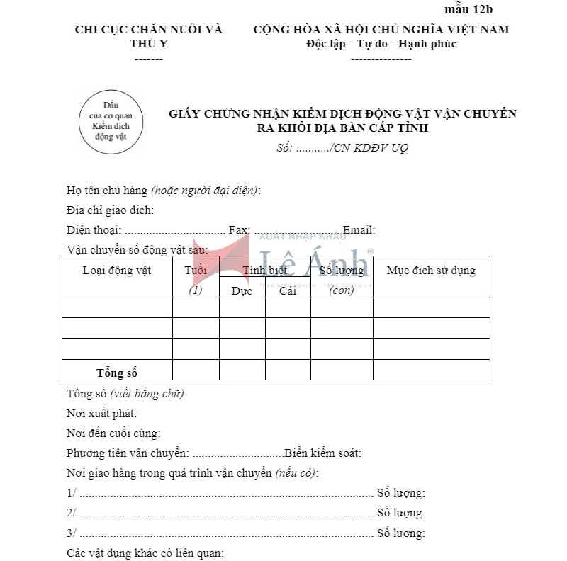 Mẫu đăng ký kiểm dịch động vật