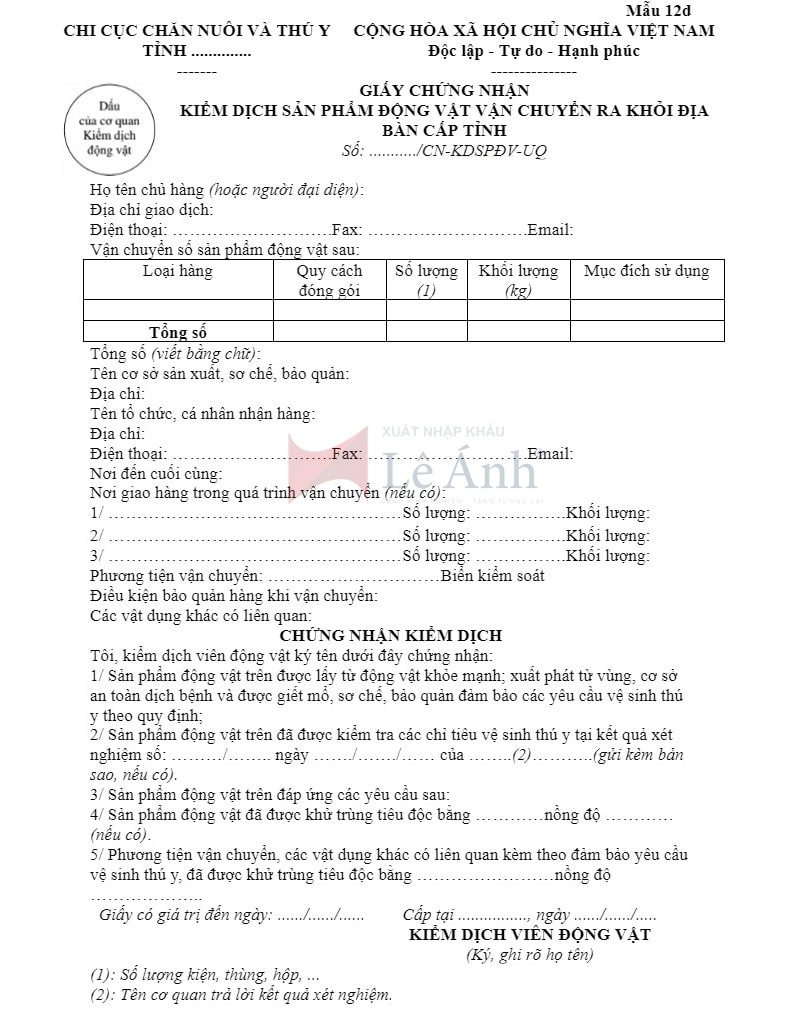Mẫu kiểm dịch động vật XUẤT KHẨU