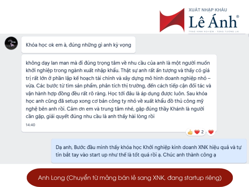Phản hồi khóa học khởi nghiệp kinh doanh xuất nhập khẩu